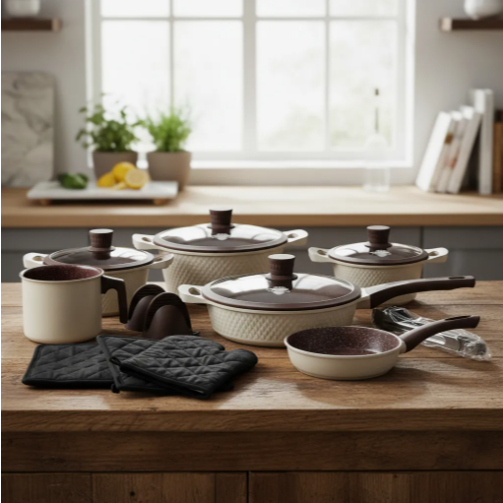 Imagem Jogo de Panelas Antiaderente Premium Monaco 20 Peças Revestimento Cerâmico Tampa Vidro Acessórios