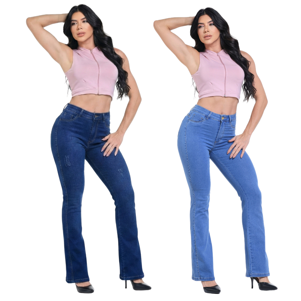 Kit 2 Calças Flare Jeans Feminina Cos Alto Com Elastano Cintura Alta Boca de Sino em Oferta na Shopee