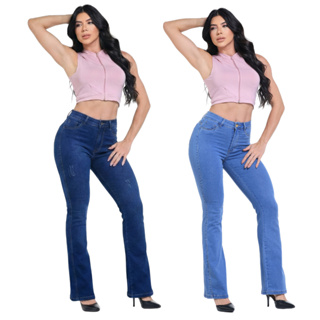 Kit 2 Calças Flare Jeans Feminina Cos Alto Com Elastano Cintura Alta Boca de Sino em Oferta na Shopee