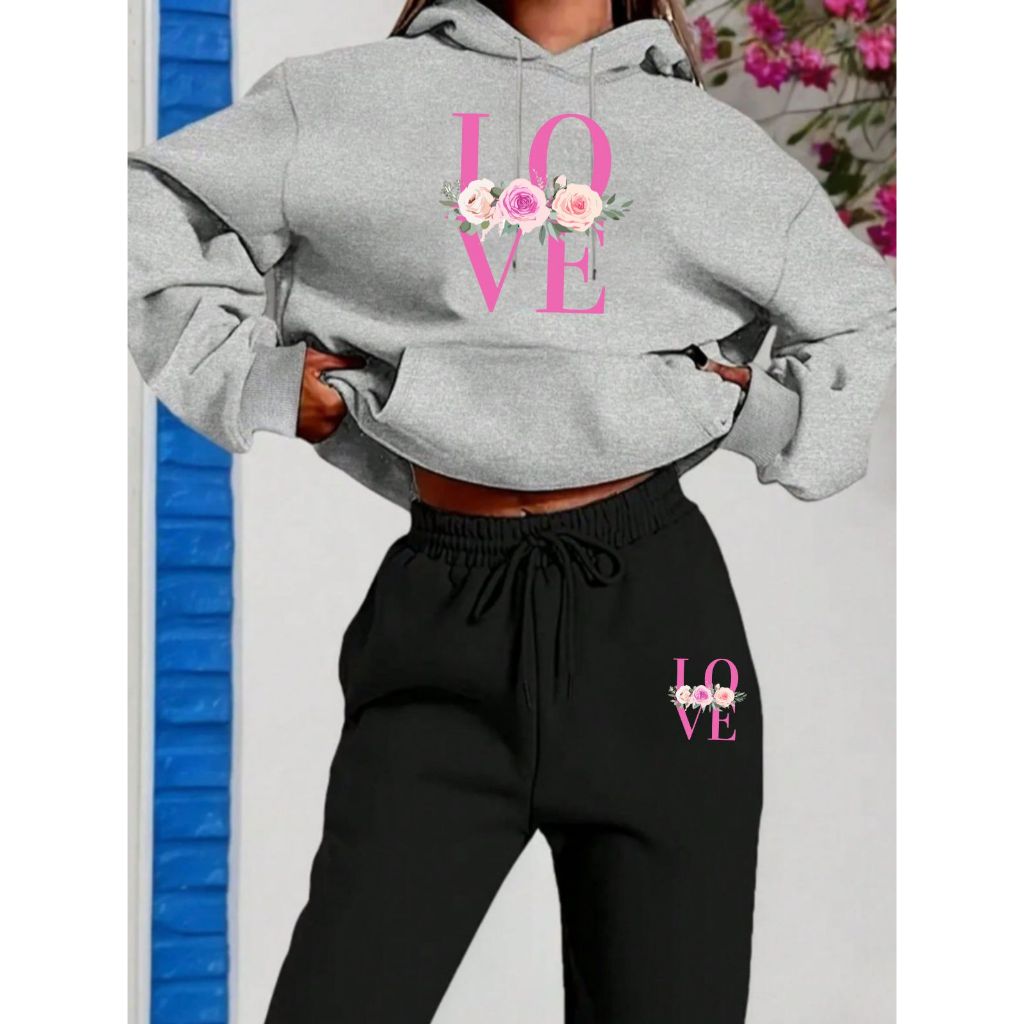 KIT CONJUNTO CALÇA + MOLETOM COM CAPUZ E BOLSO MODA FEMININA ESTILOSA PARA O DIA A DIA ESTAMPADO LOVE ROSA FLORES