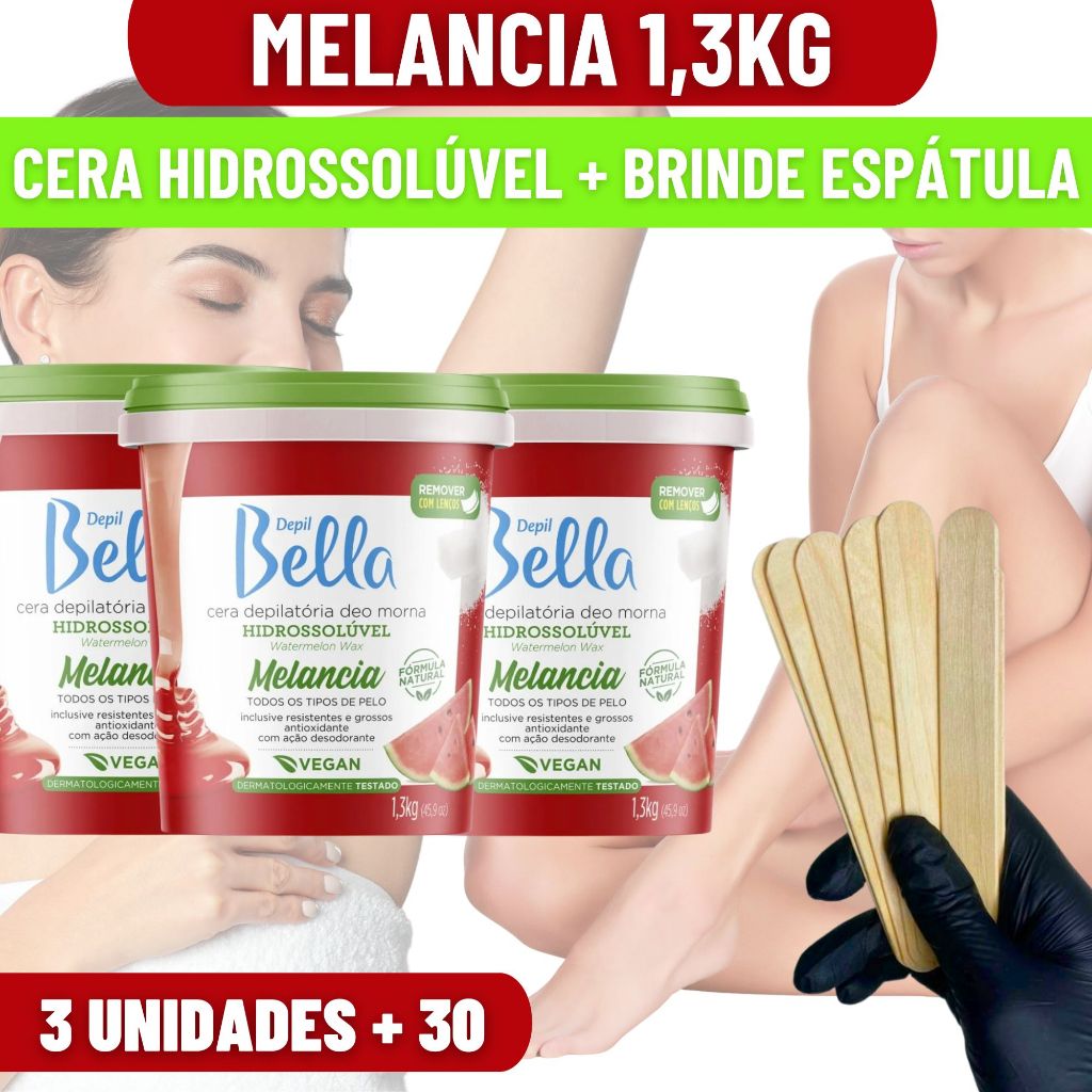 Kit 3 Ceras hidrossolúvel Melancia Depil Bella 1,3kg  + Mimo Espátulas em Oferta na Shopee