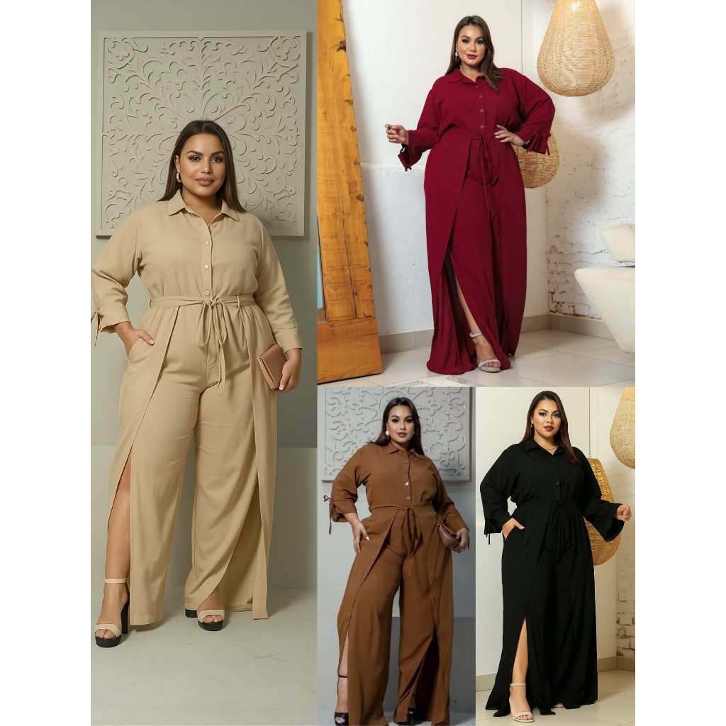 Conjunto Feminino moda Plus Size Camisa Manga Longa calça Social Festa Casual G1 G2 G3 marrom vinho bege preto em Oferta na Shopee