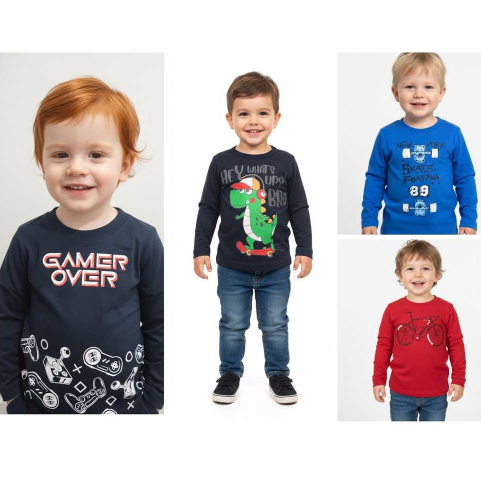 Kit 4 Camiseta Infantil Menino Manga Longa Inverno Cores e Estampas Sortidas 01 ao 03 100% Algodão