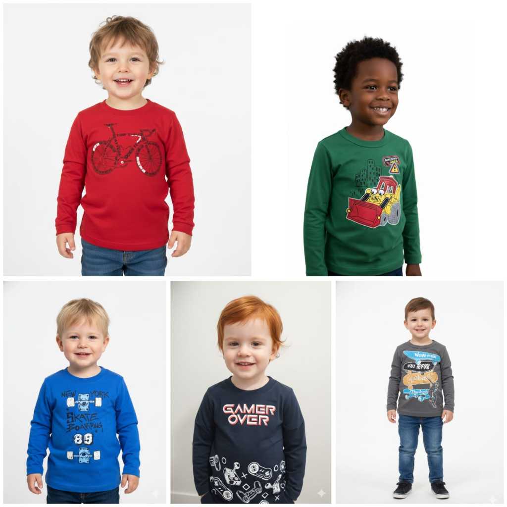 Kit 5 Camiseta Infantil Menino Manga Longa Inverno Cores e Estampas Sortidas 01 ao 03 100% Algodão