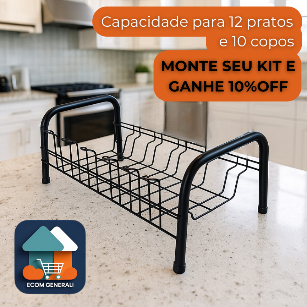 Escorredor De Louça Compacto Aço 12 Pratos 10 Copos Preto - Ecom Generali