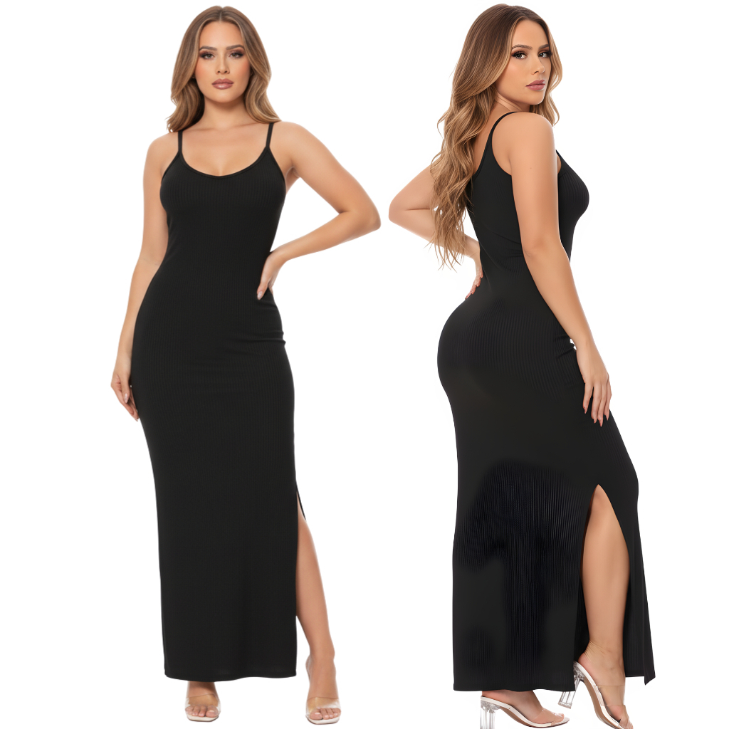 Vestido Longo Feminino Canelado Alça Fina Fenda Lateral Justo Casual Verão — imagem 2 de 2