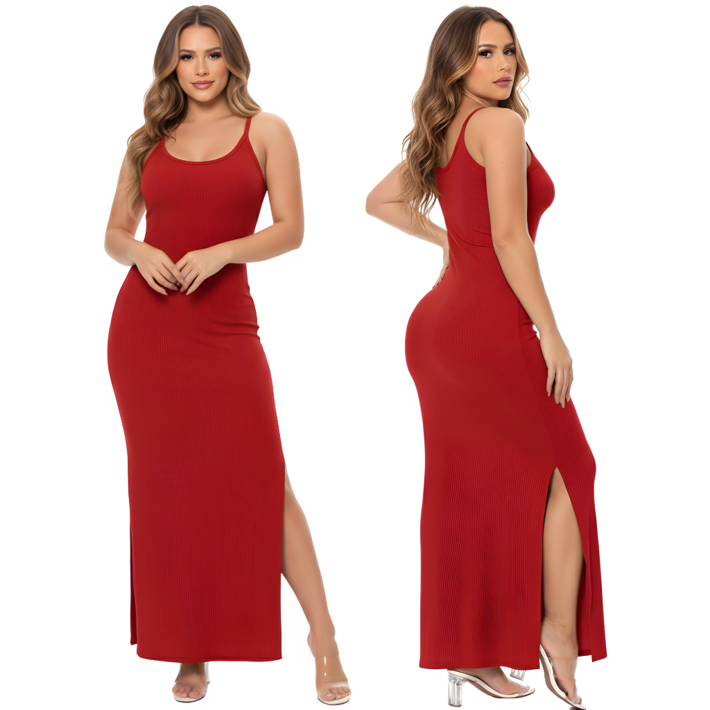 Vestido Longo Feminino Canelado Alça Fina Fenda Lateral Justo Casual Verão