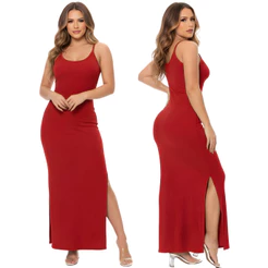 Vestido Longo Feminino Canelado Alça Fina Fenda Lateral Justo Casual Verão
