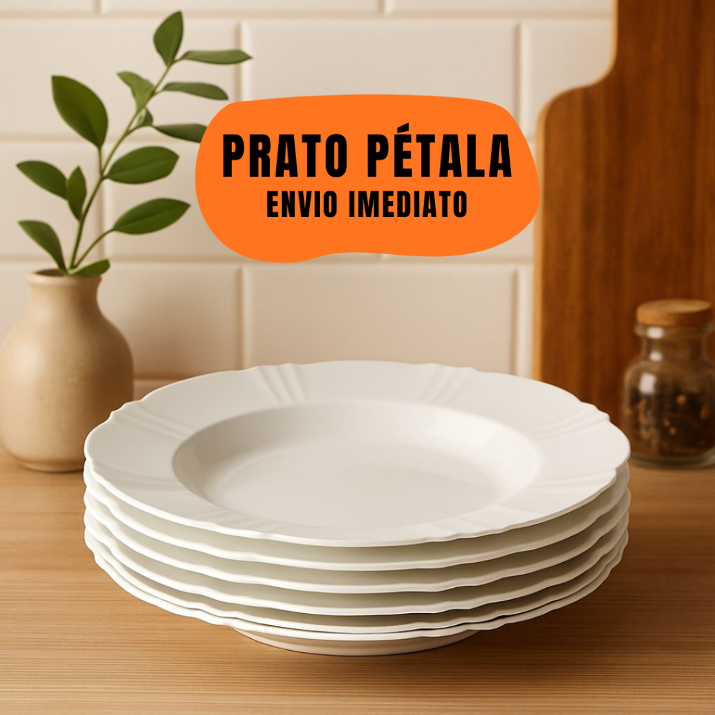 Kit 1/5/10/15/20 Prato Pétala Plástico Redondo Fundo Com Borda Ideal Para Churrasco Criança Pratos Branco