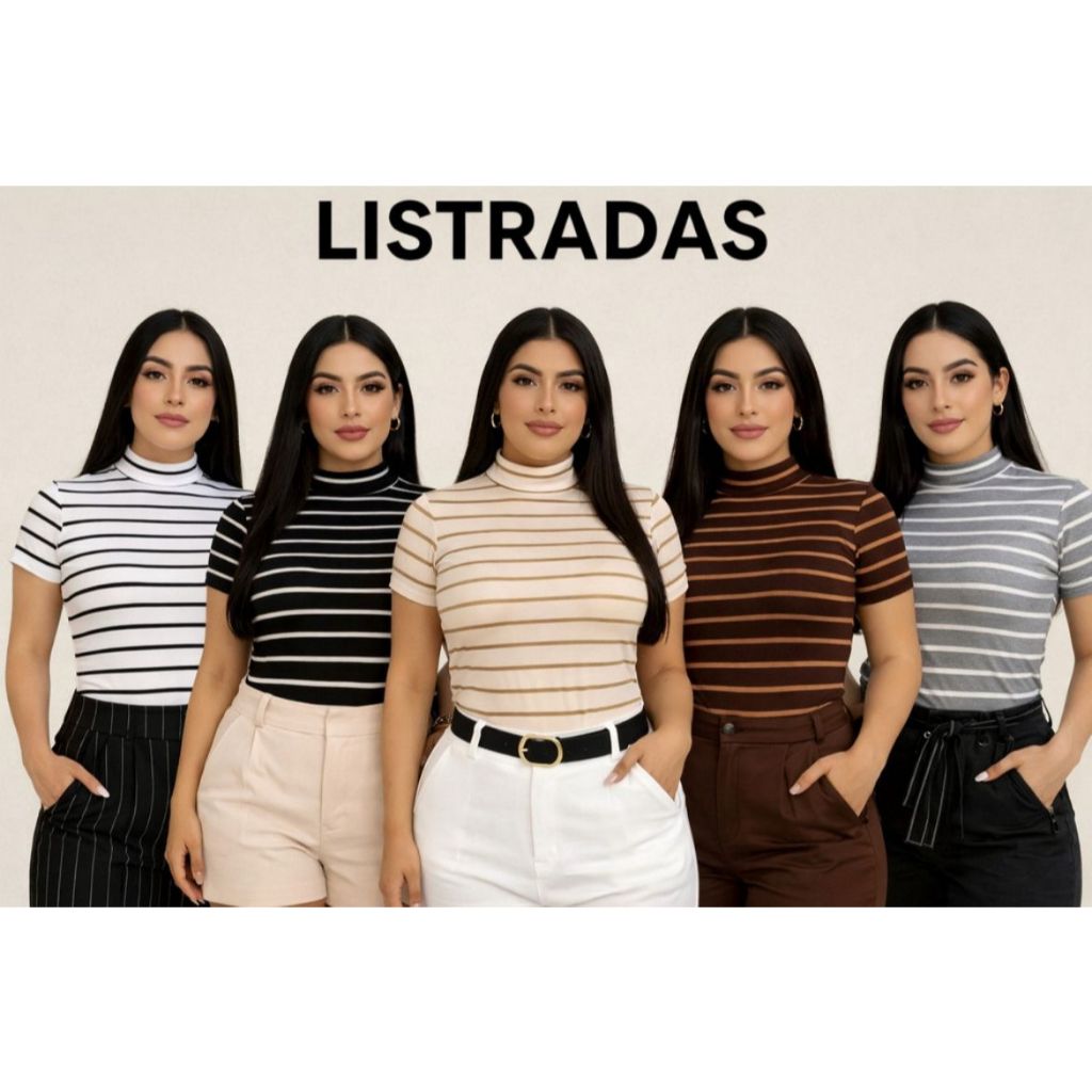 Kits Blusa Básica Listrada Ribana Canelado Premium Casual