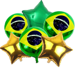 Kit C/6 Balões Metalizados 3 BANDEIRA DO BRASIL 45cm + Estrela 2 DOURADO 1 VERDE 45cm COPA em Oferta na Shopee