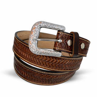 Cinto Country de Couro Legítimo com Fivela Detalhada Modelo Café em Oferta na Shopee