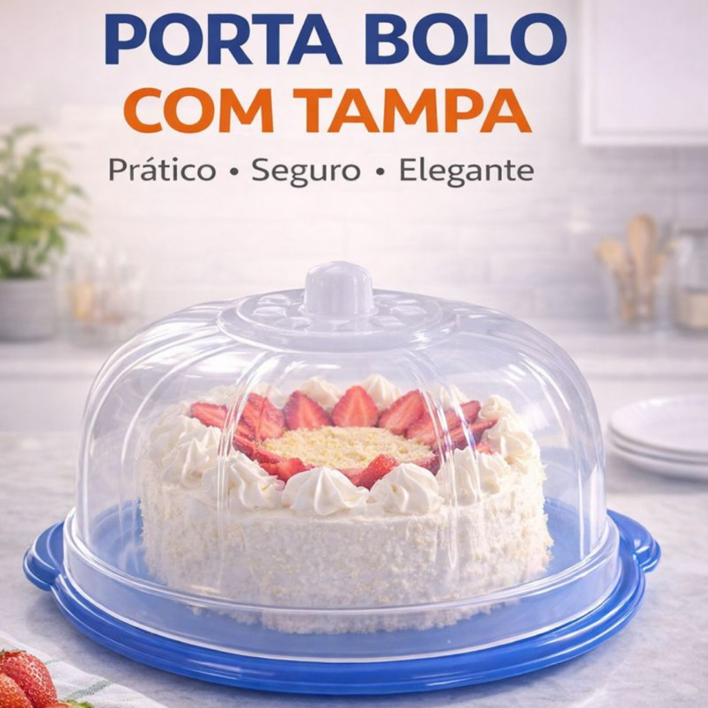 Suporte para Bolo com Tampa Transparente – Boleira Portátil, Base Azul Resistente