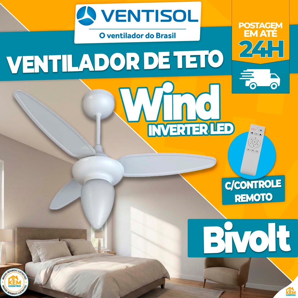 Ventilador Teto Wind Inverter Branco Ventisol Bivolt Com Controle Remoto