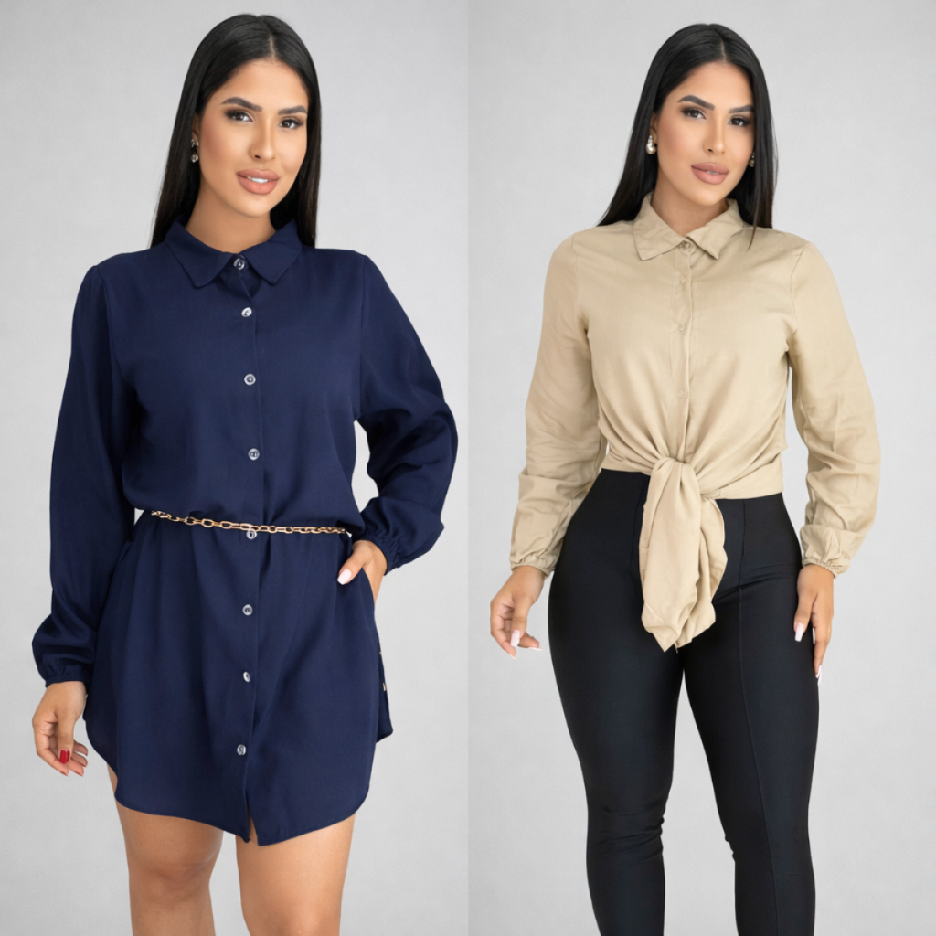 Chemise Feminino Vestido Camisão Duna Curto com Botões P M G GG Manga Longa Slim Plus Size Saida Praia Verão Carnaval