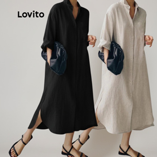 Lovito Vestido Linho Like Chemise com Botoes Elegante Feminino DRNS20EX158 em Oferta na Shopee