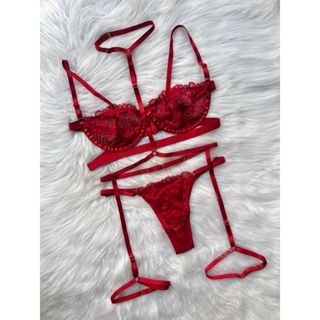 Conjunto Lingerie Sexy 3 Peças Sutiã Meia Taça Sem Bojo + Calcinha Regulagem + Cinta Liga Inteira em Oferta na Shopee