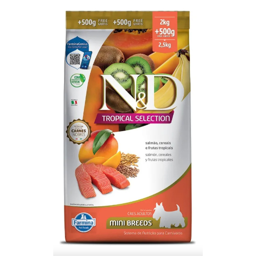 Ração ND Tropical Cães Adultos Mini Selection Salmão, Cereais e Frutas Tropicais - 2,5kg em Oferta na Shopee