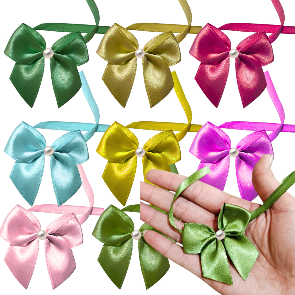 15 Laços Cetim 5cm c/ Pérola + Fita Amarrar para Lembrancinha Casamento Aniversário Saquinho Tubete