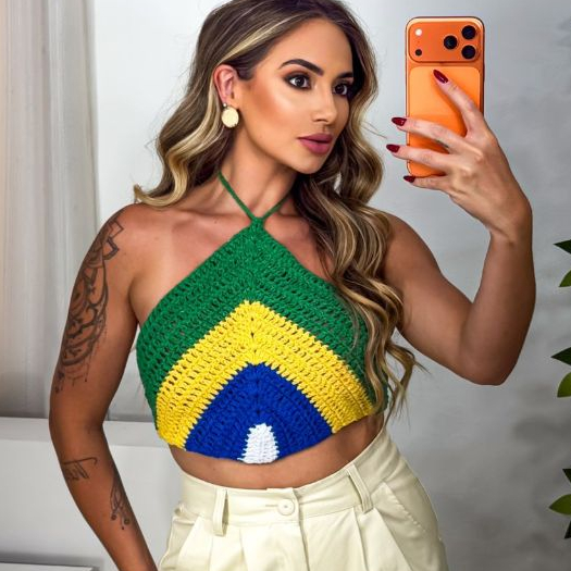 Top Crochê Brasil Frente Única Blusa Feminina Estilosa Cropped Feminino Carnaval Verão Ajustável