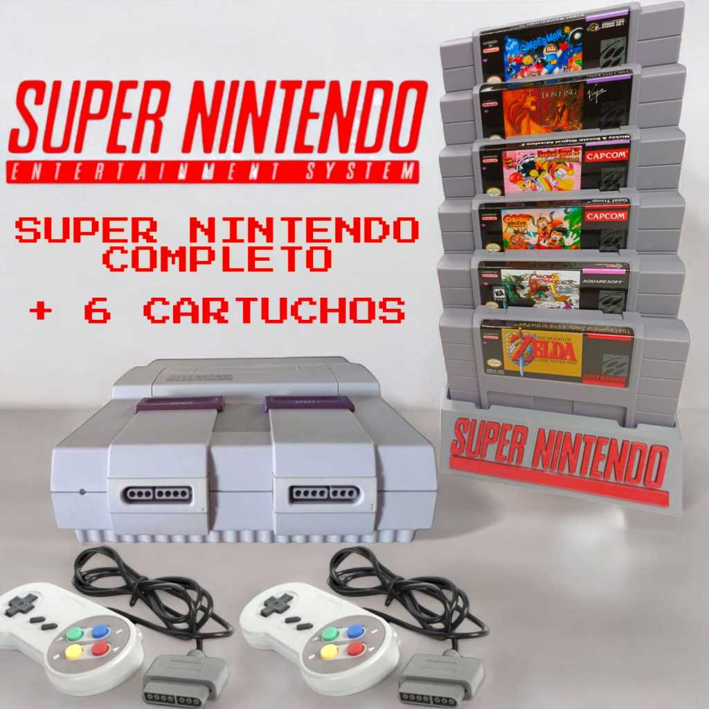 Super Nintendo (SNES) + 2 Controles + Kit com 6 Jogos Incríveis a escolha