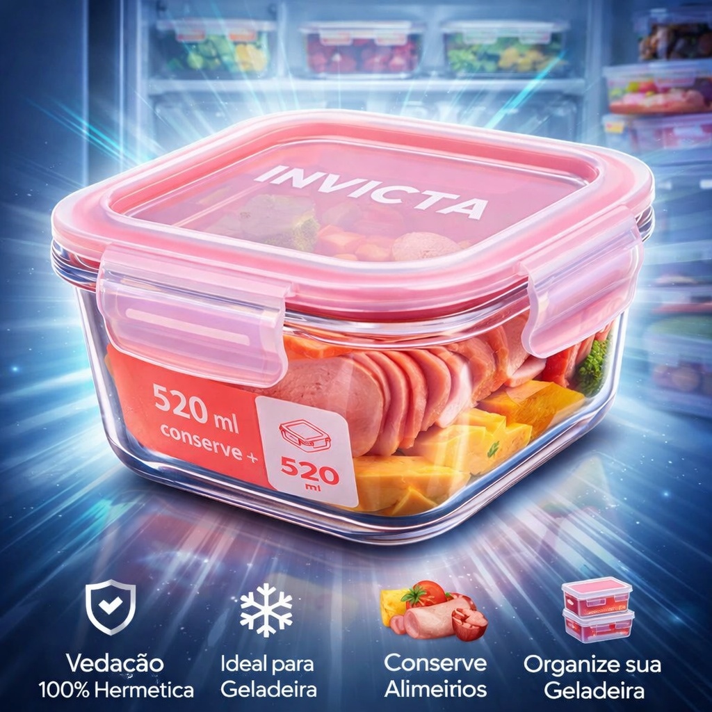 Pote Tampa Hermética 520ml Invicta Organizador Cozinha Porta Frios Geladeira Conserve Alimentos