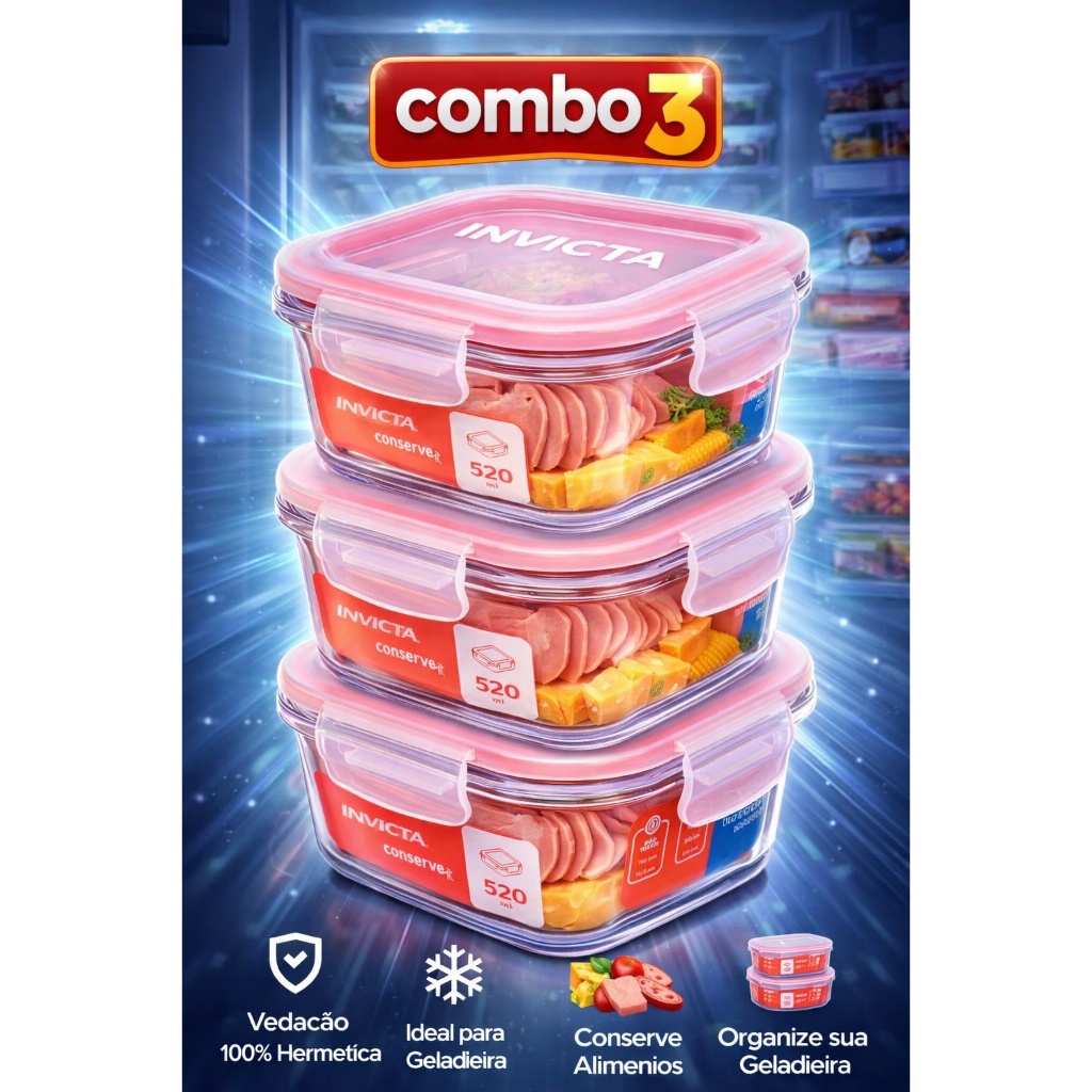 Kit 3 Potes Tampa Hermética 520ml Invicta Organizador Cozinha Geladeira Porta Frios Alimentos