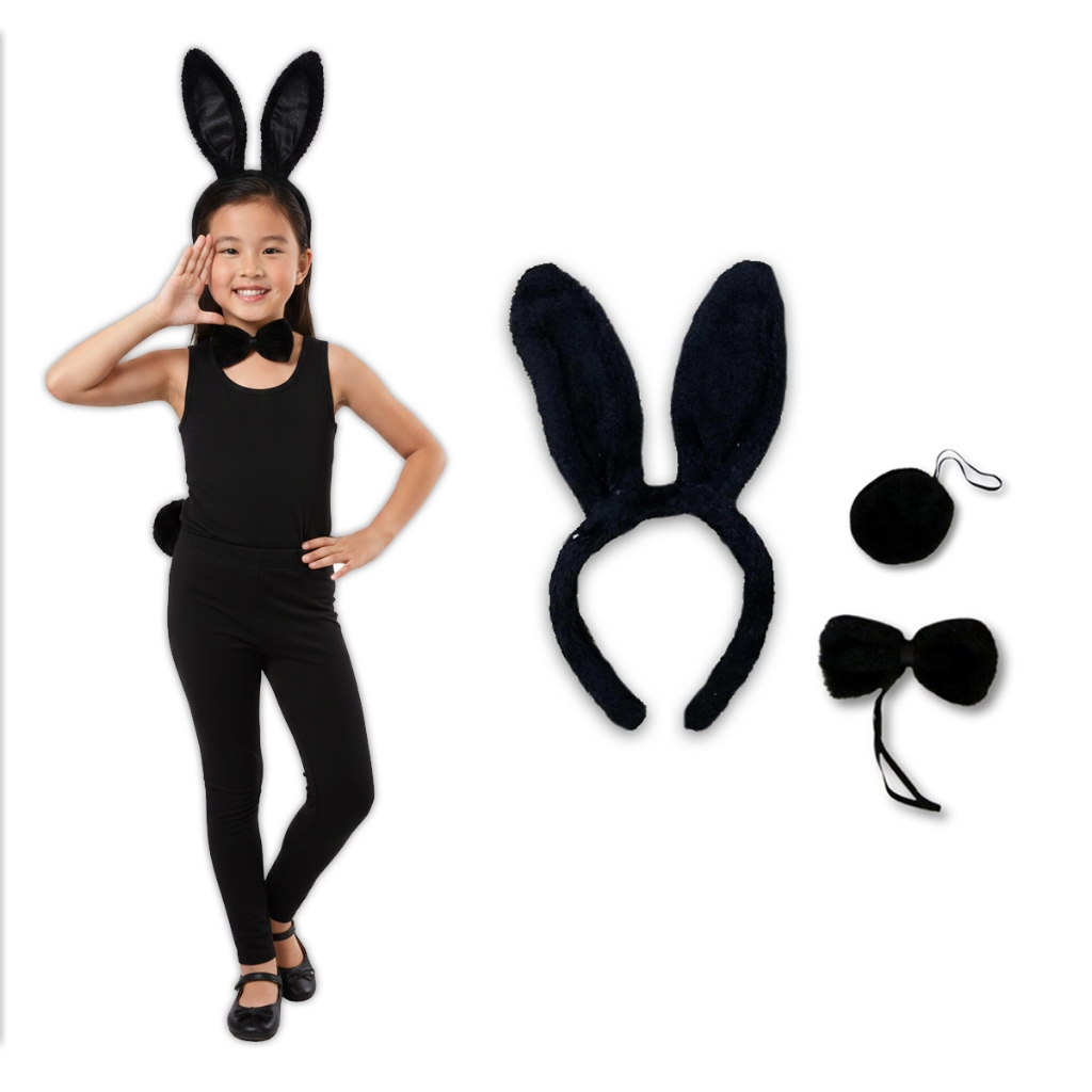 Kit fantasia tiara orelha, rabo e gravata de coelhinho oncinha gatinho zebra tigresa para festa e carnaval