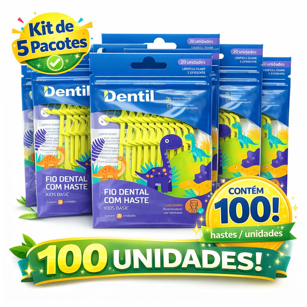 Kit Fio Dental com Haste Kids Dentil Basic – 5 Pacotes com 20 Unidades (100 Unidades)