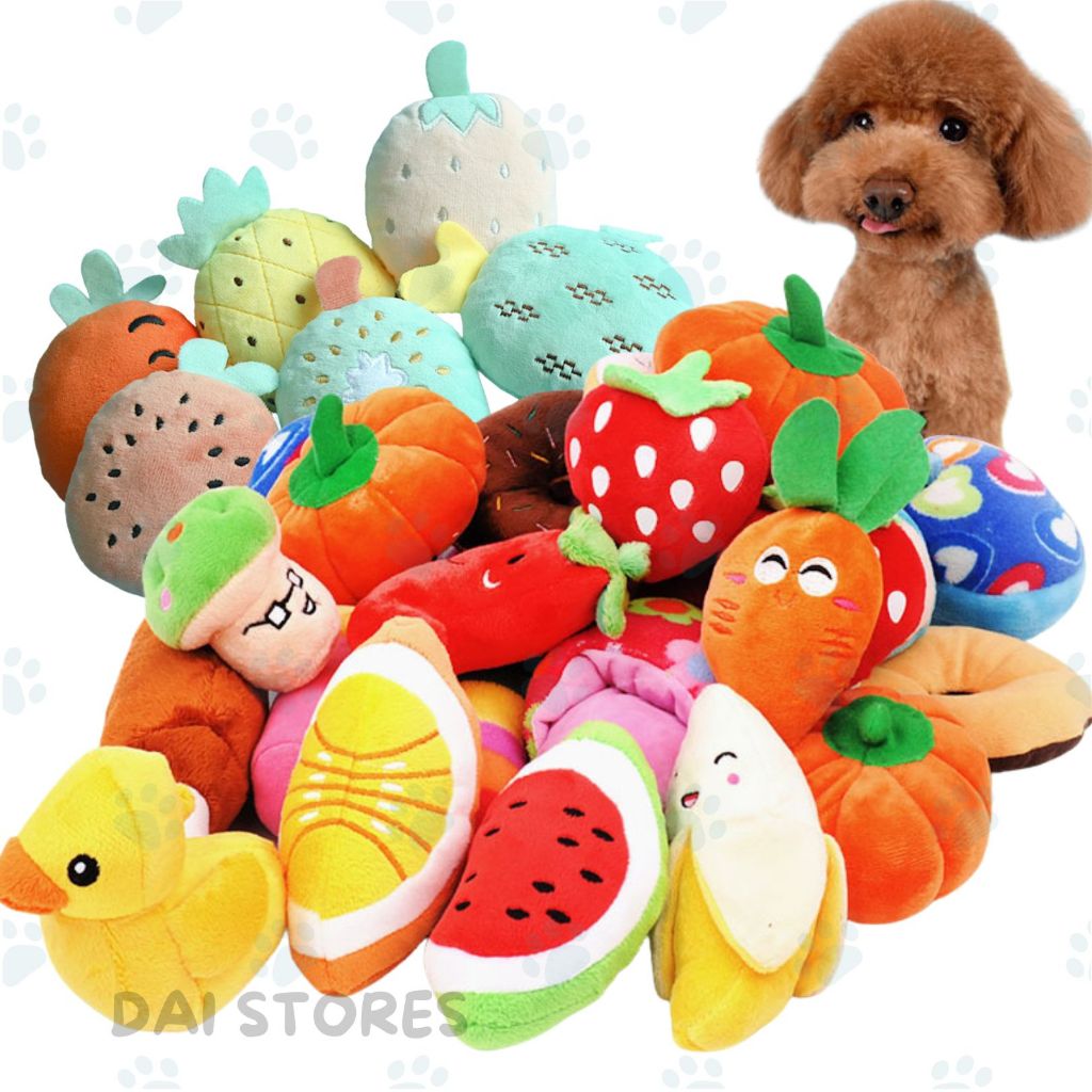 Kit 4/6 Brinquedos Pelúcia Pet comidinha e objetos fofos Frutas Sortidas Mordedor Com Barulho gato cachorro em Oferta na Shopee