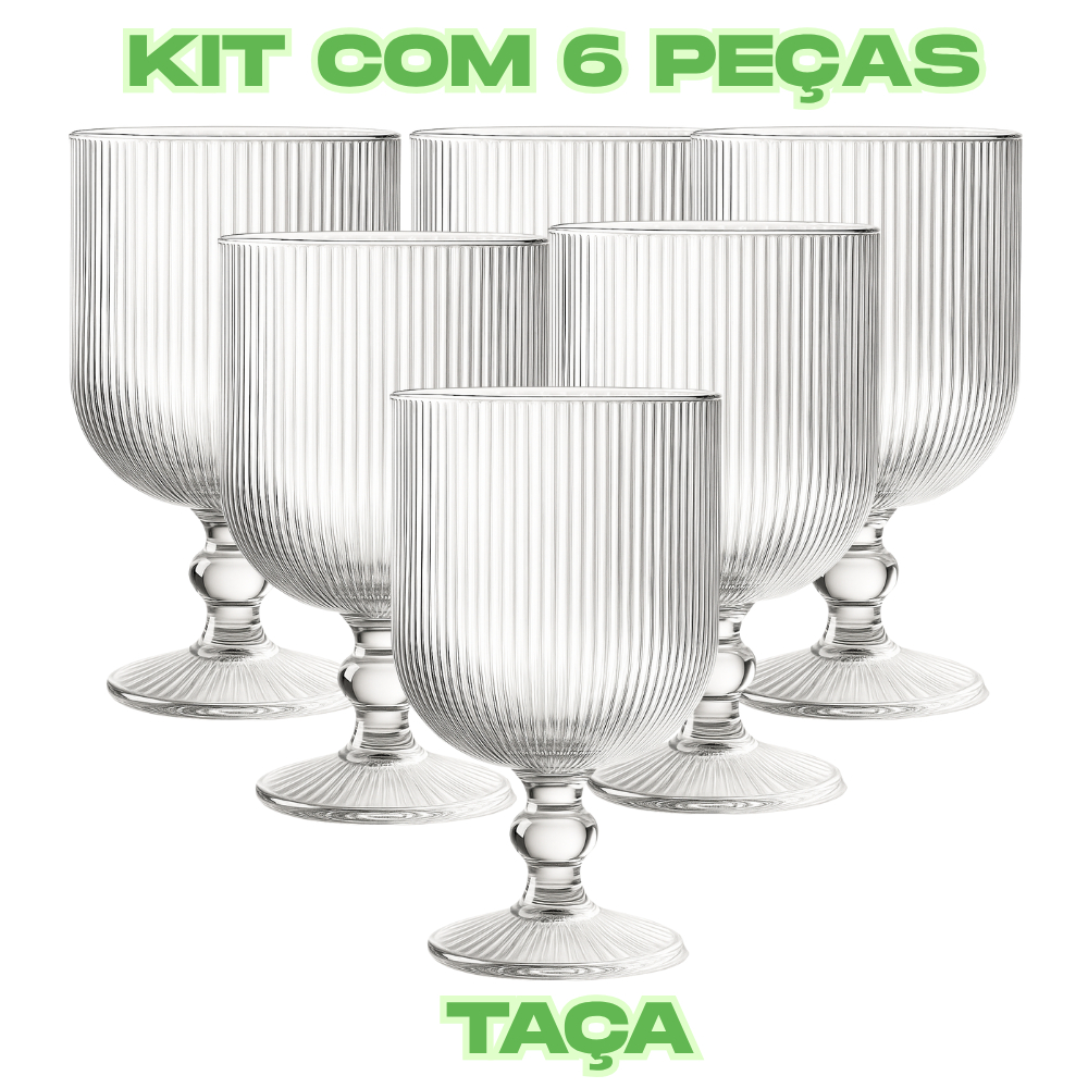 Jogo 6 Taças 380ml Vidro Grosso Canelada Elegante Agua