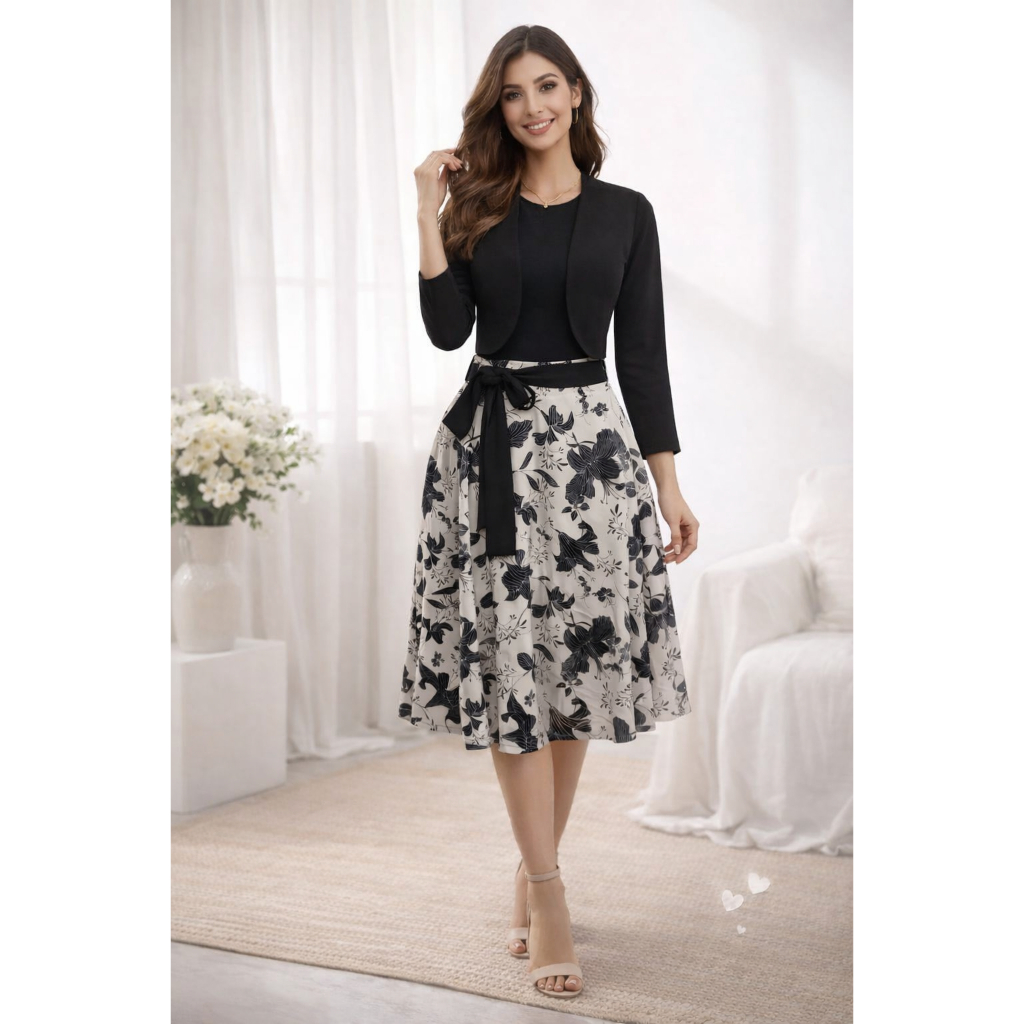 conjunto feminino elegante com saia mid floral rodada forrada com bolso acompanha cinto blusa e casaquinho