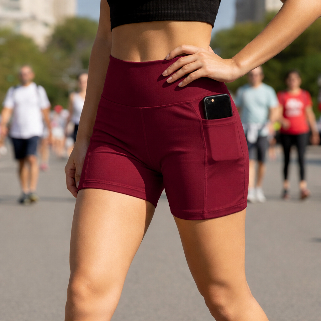 Short Legging Feminino Liso Com 2 Bolso Porta Celular Academia Treino Corrida Ginastica Tecido Suplex Zero Transparencia