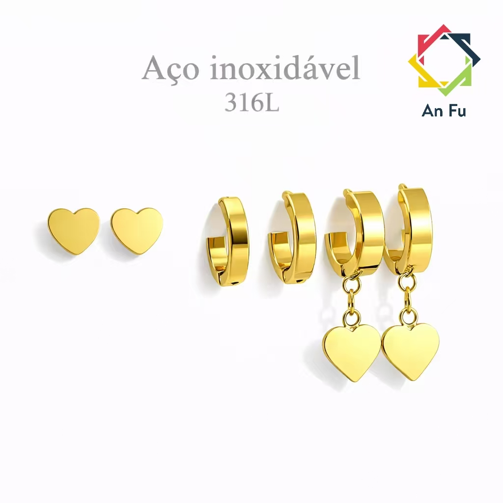 Conjunto de 3 pares de brincos em aço inoxidável 316L - Alta qualidade, embalagem em cartão. em Oferta na Shopee