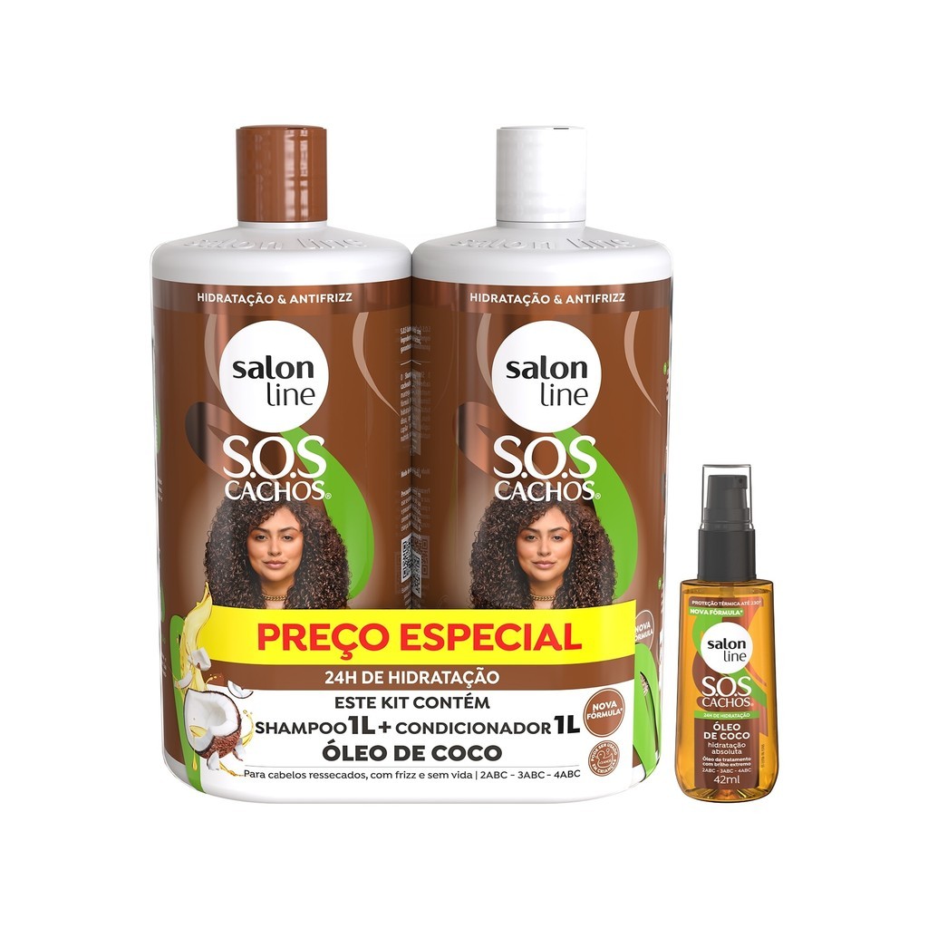Kit SOS Cachos Coco Shampoo e Condicionador Litrão + Óleo