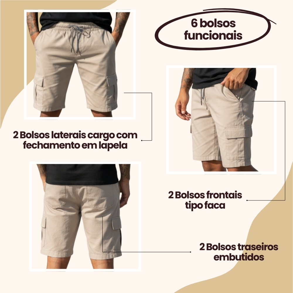 Bermuda Cargo Masculina em Sarja com Elástico e Bolsos Laterais — imagem 2 de 2