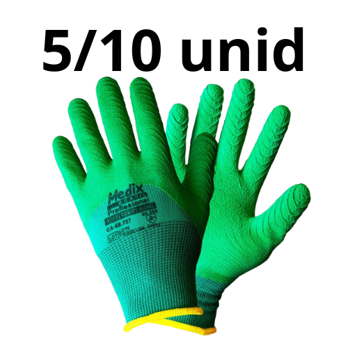 Kit com 5/10 pçs Luva Poliester com Látex Corrugado RubberGrip Medix Profissional P/M/G/GG CA 48737