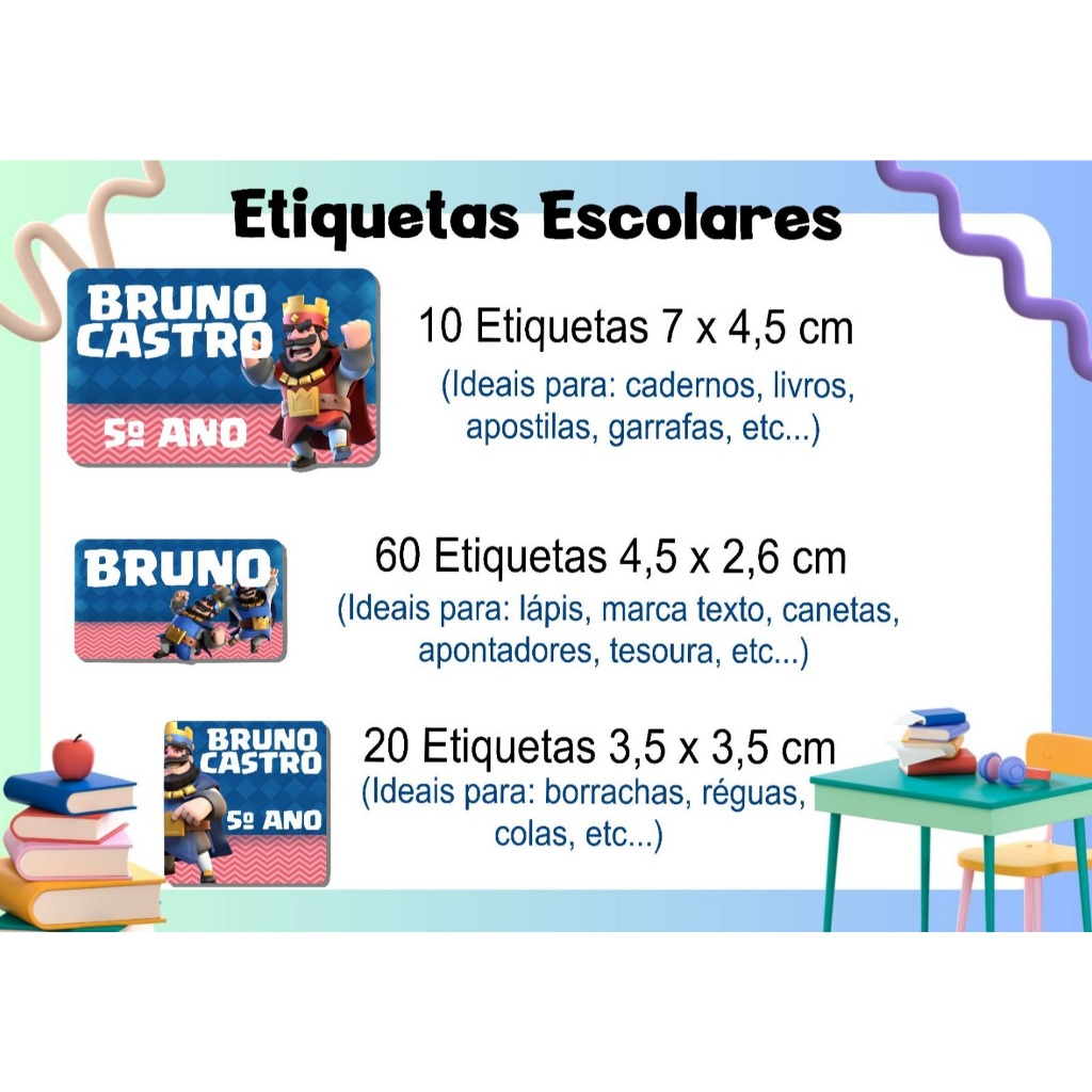 Etiquetas escolares adesivas com tema Clash Royale