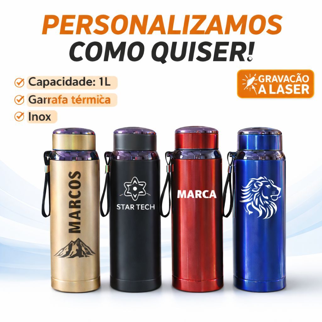 Garrafa Termica 1L de agua Garrafinha inox Personalizada Como quiser
