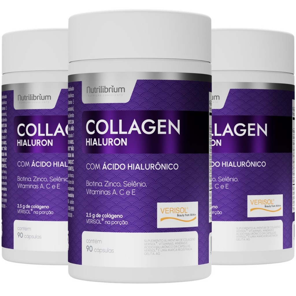 Kit 3x Colágeno Verisol com Ácido Hialurônico 270 Caps - 3 Meses Nutrilibrium em Oferta na Shopee