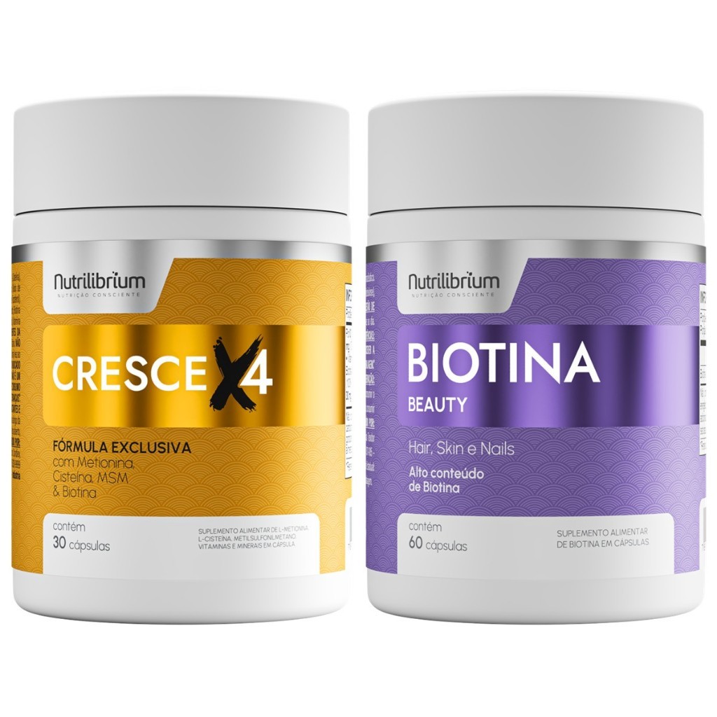Kit Cresce X4 30 Caps + Biotina Beauty 60 Caps Nutrilibrium em Oferta na Shopee