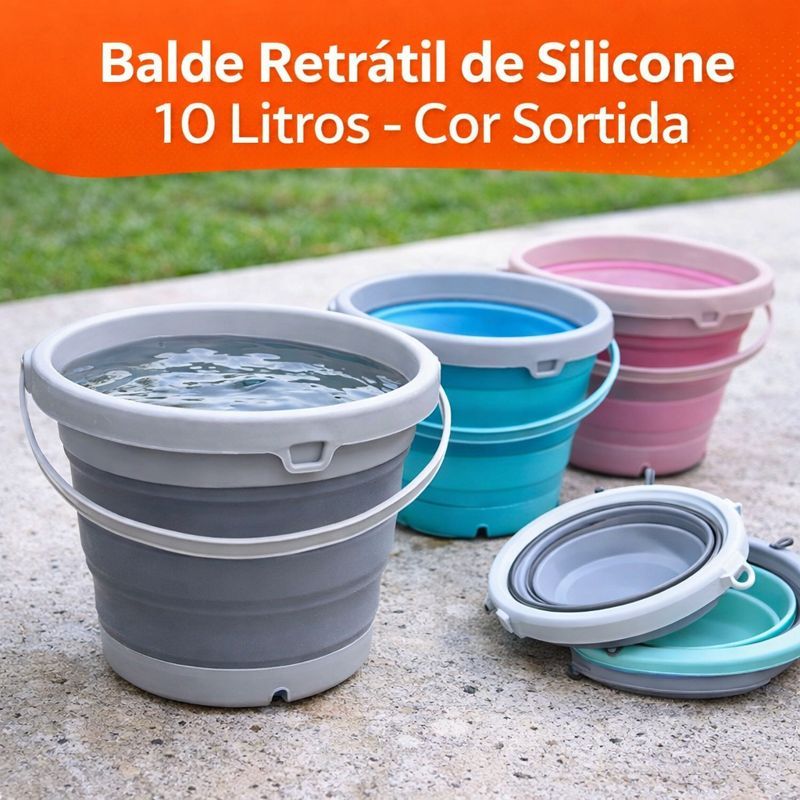 Balde Retrátil de Silicone 10 Litros - Cor Sortida Multiuso Cozinha Lavanderia Portátil