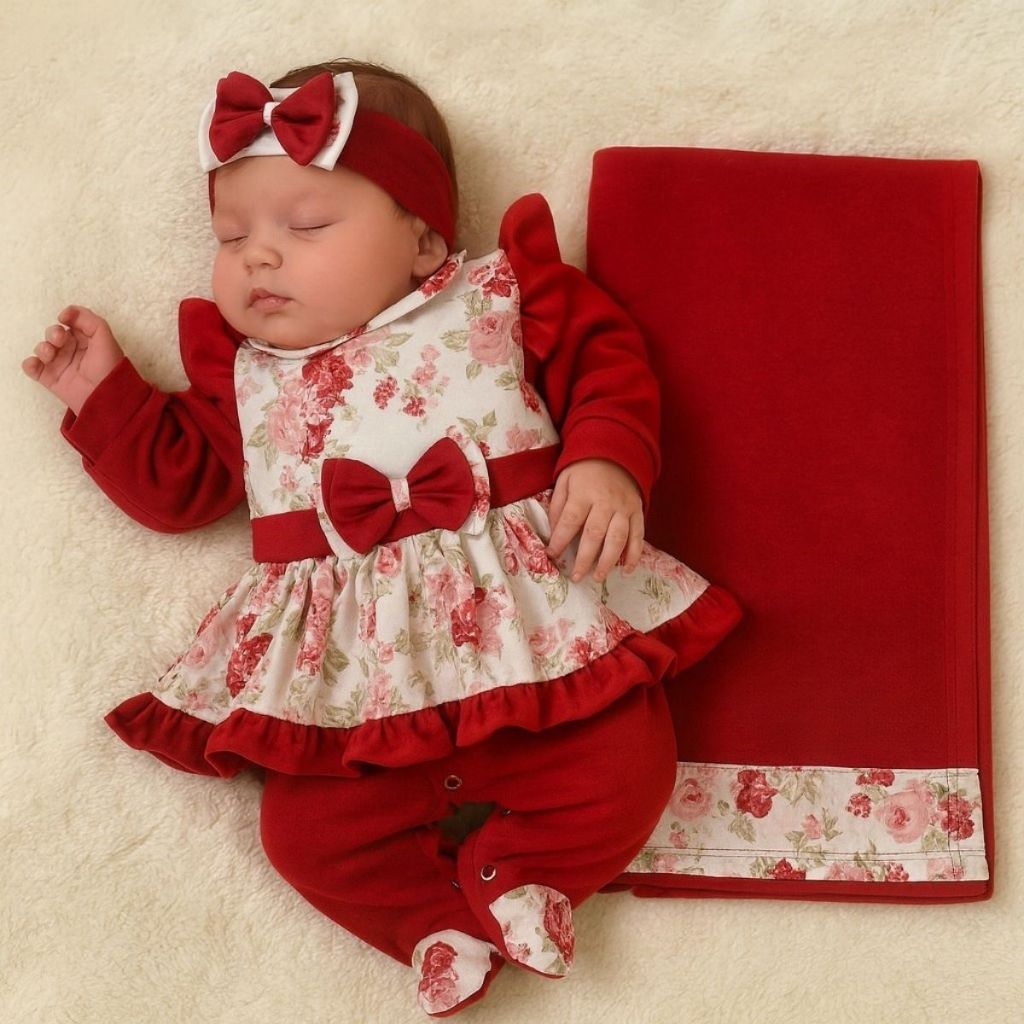Saída Maternidade Menina Catarina Vermelho 5 Peças- Kit Maternidade Luxuosa Feminino
