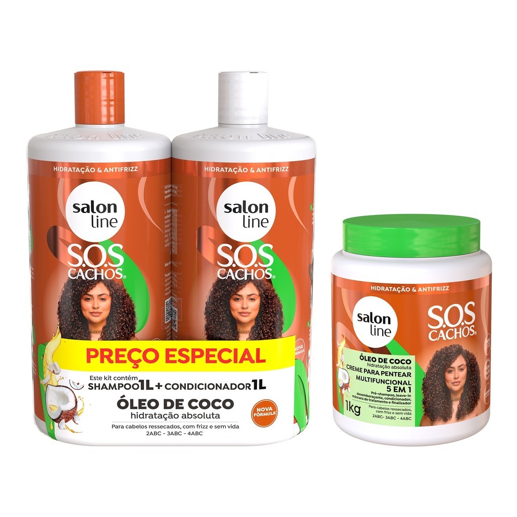 Kit Tratamento Profundo Litrão com Shampoo, Condicionador e Creme para Pentear SOS Cachos Coco em Oferta na Shopee