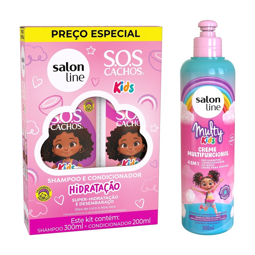 Kit SOS Cachos Hidratação com Shampoo + Condicionador e Creme Multy Kids em Oferta na Shopee