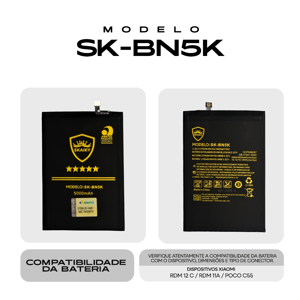 Bateria Oficial Skaiky BN5K Compatível Com Xiaomi REDMI 12 C | REDMI 11A | POCO C55