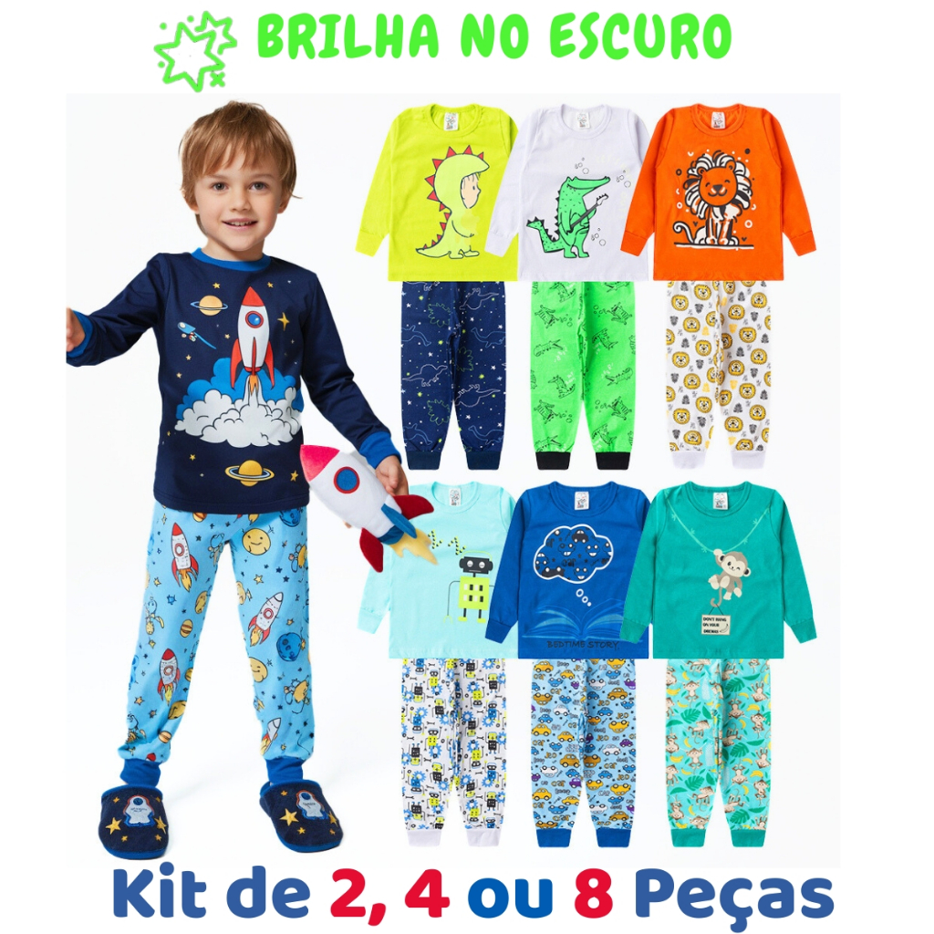 Kit de 2, 6 ou 10 Peças Pijama Brilha no Escuro Infantil Menino Inverno Roupa Infantil Masculina