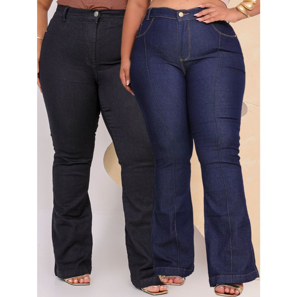 Kit 2 Calças Jeans Flare Plus Size Boot Cut Cintura Alta Boca De Sino Modeladora Empina Bumbum