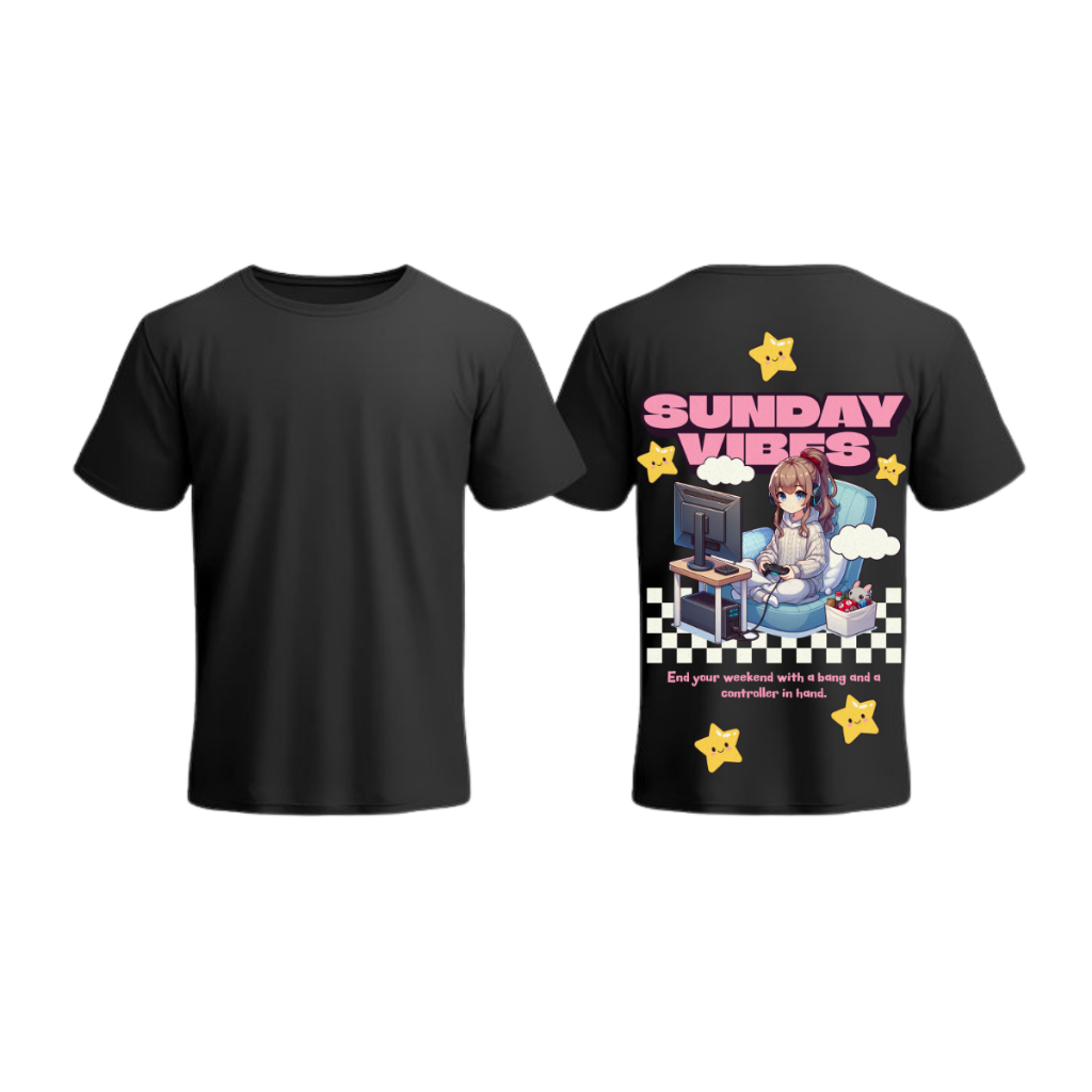 Camisa Unissex Sunday Vibes Streetwear Casual Estampa Costas Moderna Confortável Camiseta Indie Anime