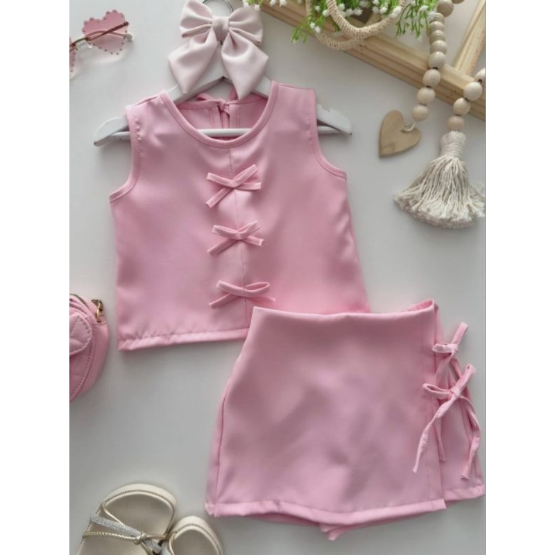 Conjunto Infantil Menina Short Saia + Blusa Laço Moda Bloguerinha Roupa infantil